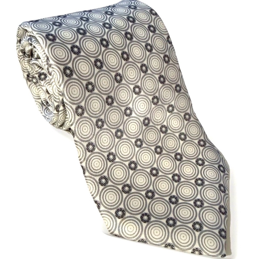 Ike Behar Silk Tie White Grey Geometric Circles Made In USA Necktie Wedding Grad